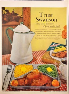 1960 Swanson Tender Beef TV Dinner Print Ad Checkered Kitchen Table Cloth Coffee - Picture 1 of 6