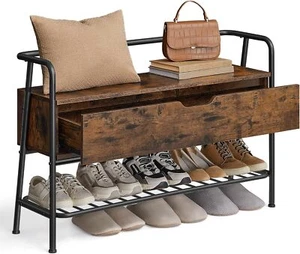 Shoe Storage Bench Seating Organizer Drawer Steel Frame Holds 600LB Rustic Brown - Picture 1 of 6