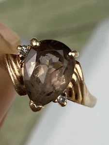 Vintage 10k Solid Yellow Gold Smokey Quartz/Diamond Ring Size 7 Signed A+A - Picture 1 of 24