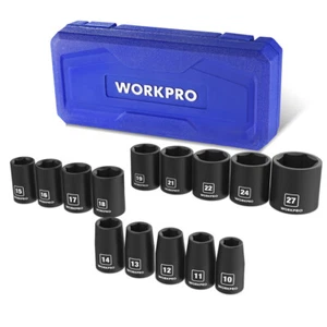 WORKPRO 1/2" Drive 14PCS Shallow Impact Socket Set Metric 10-27mm Cr-V Steel 6PT - Picture 1 of 8