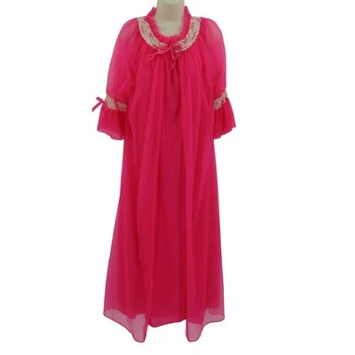 VTG Union Made Women Medium Pink Sheer Nightgown Dress Robe Set Solid Pink Lace - Image 1 of 4