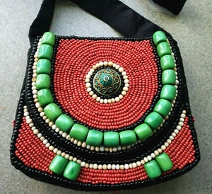 TIBETAN Beaded Coral & Turquoise & Shell Black Fabric Purse Handbag Handmade  - Picture 1 of 12