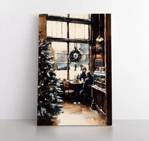 Vintage Nostalgic Christmas Cafe Painting on Framed Canvas Wall Art Xmas Decor - Picture 1 of 9