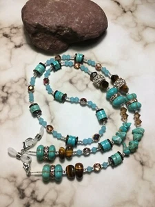 Handmade Turquoise Tigerseye Stone Swarovski Elements Eyeglass/Mask Lanyard USA - Picture 1 of 4