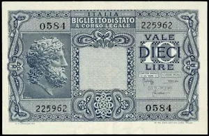 ITALIA 10 LIRAS BIGLIETTO DI STATO 1944 AU/UNC. SIGNO. BOLAFFI CAVALLARO GIOVINCO - Imagen 1 de 2