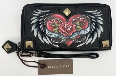 NUEVO CON ETIQUETAS Cartera Corazón Tatuaje Isabella Fiore Cuero Pintado a Mano - Tachonado Sin Usar Y2K Foto 1 de 4