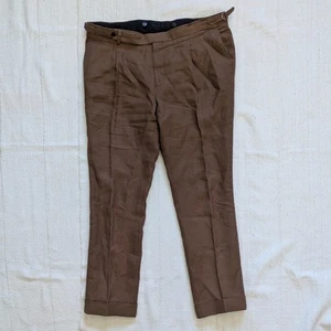 Spier & Mackay Linen Trousers 38 Brown Pleated Dress Pants Slim Tapered Flaws - Picture 1 of 12