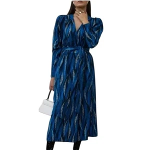 Happy x Nature Kate Hudson Alpha Wrap Midi Dress Blue Feather Print Women Small - Picture 1 of 12