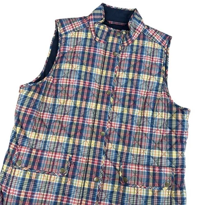 Talbots Quilted Plaid Vest Women's XL Full Snap Pockets Blue Red Yellow Casual - Image 1 of 4