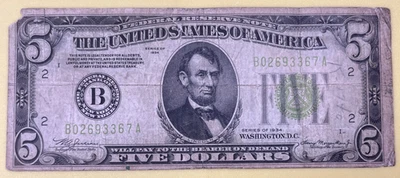 1934 $5 Dollar, Federal Reserve Note, Lime Green Seal, B - NY/NY, Circulated - Image 1 of 2