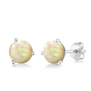 18K White Gold White Ethiopian Simulated Opal 3-Prong Stud Earrings For Women - Picture 1 of 5