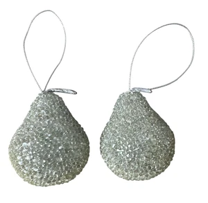 2 Vintage Beaded Pear Ornaments Clear Beads with Silver Christmas Holiday 2.5 in - Picture 1 of 3