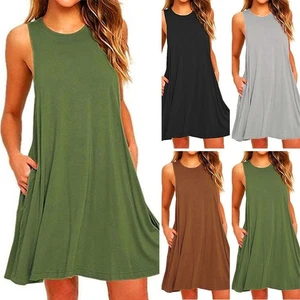 Dress Pockets Short Summer A-Line Women Beach Black Casual Gray Loose Mini - Picture 1 of 22