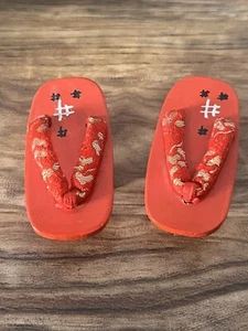 Miniature Decorative Red Wooden Asian Sandals Cloth Straps Decor Almost 3” - Picture 1 of 4