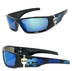 Locs Mens Cholo Biker Sunglasses Blue Flash Mirror Lens Blue Skull Temples - Picture 1 of 2