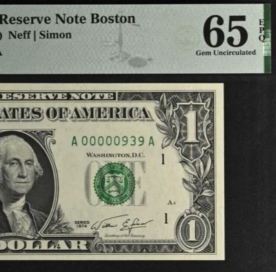 1974 $1 Federal Reserve Note PMG 65EPQ fancy low serial number 00000939 - Image 1 of 3