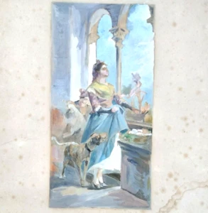 Gouache Néoclassique Original Signé dédicacé en Espagnol datée 1899 36x48cm - Foto 1 di 8