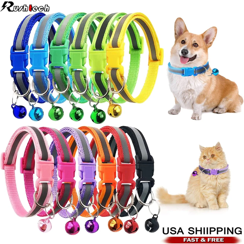 5PCS Reflective Nylon Collar With Bell Cat kitten Small Dog Puppy Pet Adjustable - Image 1 of 4