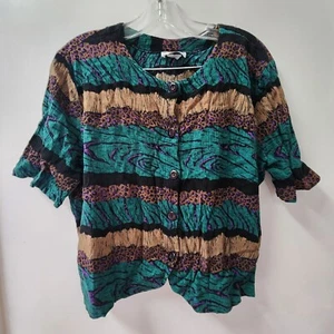 Vintage 90s Animal Print Shirt Size M L Button Down Cropped Blouse Tribal Top - Picture 1 of 3