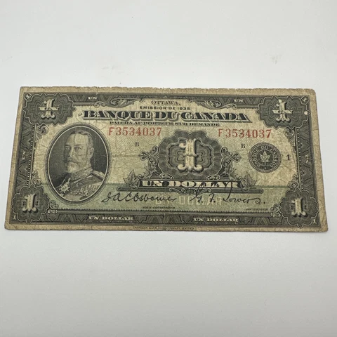 1935 Banque Du Canada 1 Dollar Osborne-Towers Banknote F3534037 Cover