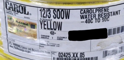 Carol 02425 12/3C Carolprene SOOW 600V 90C Portable Power Cable Cord Yellow/10ft - Image 1 of 4