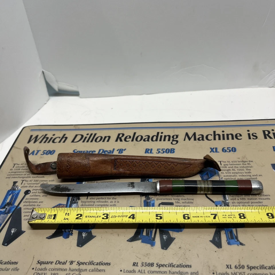 "Cuchillo de hoja fija Lucite multicolor noruego vintage 9"" funda para filete y cuero" Foto 1 de 4