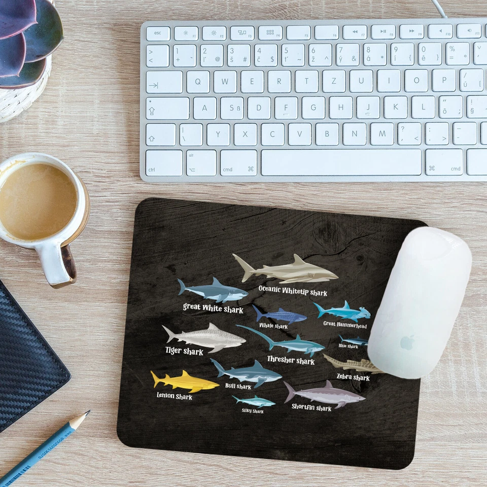 Sharks of the World Mouse Mat Pad Ocean Lover Gift 24cm x 19cm - Image 1 of 1