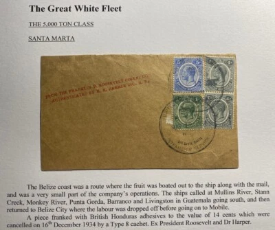 1934 British Honduras SS Santa Maria United Fruit Company Cubierta frontal Roosevelt Foto 1 de 3