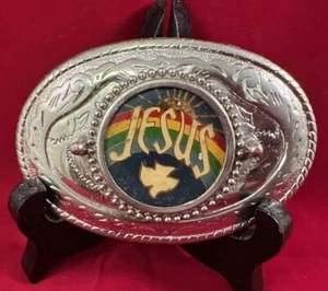 FIBBIA CINTURA ARGENTO RELIGIOSA VINTAGE GESÙ SIGNORE DIO COLOMBA ARCOBALENO - MADE IN USA - Foto 1 di 3