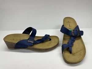 MILA PAOLI Blue LEATHER Women Size 8 BRAIDED Thong Wedges Slides ITALY - Picture 1 of 9
