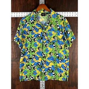 Disney Mickey Mouse Floral Hawaiian Vacation Rayon Shirt Green Blue Mens Medium - Picture 1 of 4