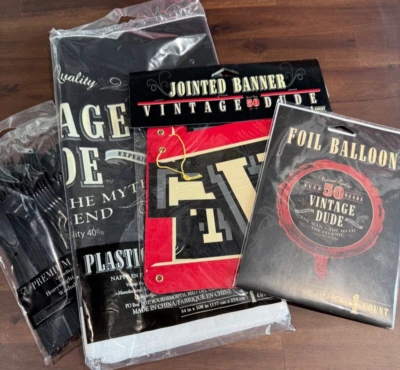 Vintage Dude 50th Birthday Party Decorations Lot - Banner, Foil Balloon, Table - Image 1 of 4