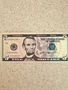 2013 $5 Star Note Serial # MD00004133* Fancy SN UNC GEM w/special gift - Picture 1 of 6