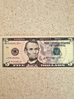 2013 $5 Star Note Serial # MD00004133* Fancy SN UNC GEM w/special gift - Image 1 of 4