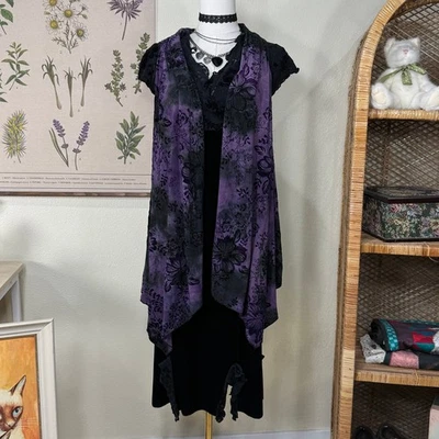 Chaleco Abierto Fluido Floral Terciopelo Negro Púrpura Años 90 Y2k Capricho Romántico Gótico L XL Foto 1 de 4