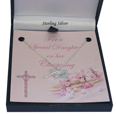 Plata de Ley Collar Con Cruz & Grabado Etiqueta. Regalo de Bautizo para Niña - Imagen 1 de 4