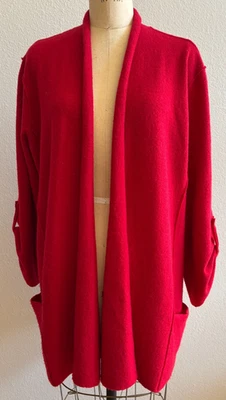 Eileen Fisher Merino Wool Open Front Jacket Cardigan sz Medium Red Holiday GUC - Image 1 of 4