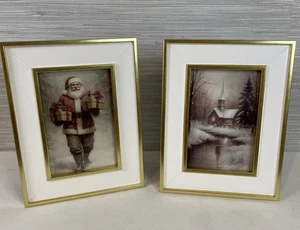 Weihnachten gerahmte Drucke 2 Stück Weihnachtsmann schneebedeckt Kirche gold zeitlos - Bild 1 von 7