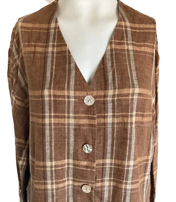 ISDA & Co Nordstrom Brown Plaid Linen Shirt w Pockets Light Jacket Sz M - Image 1 of 4