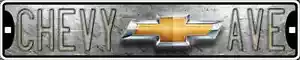 CHEVY AVE STREET SIGN 24" x5" EMBOSSED METAL CHEVROLET GM BOWTIE AVENUE DRIVE ST - Picture 1 of 5