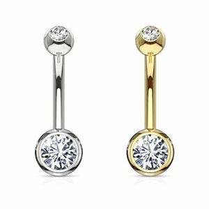 Double Gemmed 14 Karat Solid Gold Belly Button Ring 14G Navel Piercing Ring - Picture 1 of 6