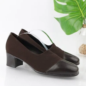 Munro Women's Julia Pump Size 7.5 M Block Heel Slip On Brown Satin Cap Toe Shoe - Picture 1 of 11
