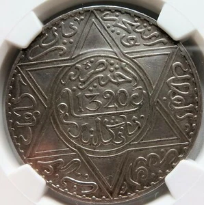 MOROCCO 10 Dirhams Rial 1902 AH 1320 NGC UNC Details Silver Star Al Aziz - Picture 1 of 3