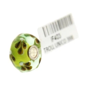 Trollbeads Unico in Vetro - OOAK Original Trollbeads Verde con foglie marroni Ri - Foto 1 di 1