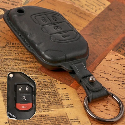 Genuine Leather 4 Button Key Fob Case Cover Shell Holder/ For Jeep Wrangler 2023 Foto 1 de 4