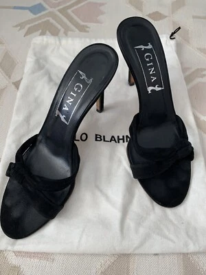 Vintage Y2K GINA Black Suede Strap Sandal 4" High Heel MANOLO BLAHNIK Bag US 8.5 - Image 1 of 4