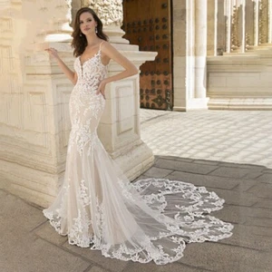Strand Spaghettiband Meerjungfrau Brautkleider Rückenlos Spitze Vneck Brautkleid - Bild 1 von 22