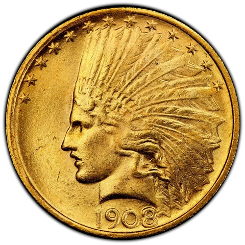 1908 $10 GOLD INDIAN ✪ PCGS MS-63 ✪ EAGLE UNCIRCULATED NO MOTTO ◢TRUSTED◣ Cover