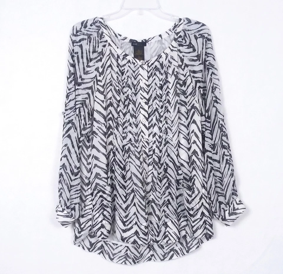 Blusa Grace Elements L Estampado Animal Negro Blanco Bolsillos Pintuck Transparente Fluida Foto 1 de 4