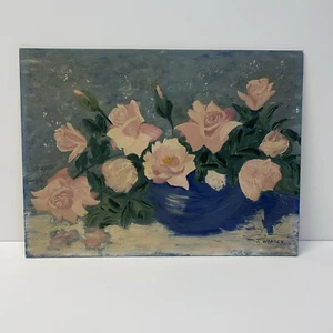Rosengemälde signiert T. Holz blau Vase rosa Blumenöl an Bord 12x16  - Bild 1 von 24